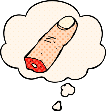 Çizgi roman tarzında bir insan tarafından çizilmiş düşünce baloncuğu ile kesilmiş bir parmak.