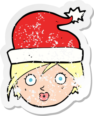 Bir insan tarafından çizilmiş noel şapkası giyen bir karikatür kadının sıkıntılı retro çıkartması.