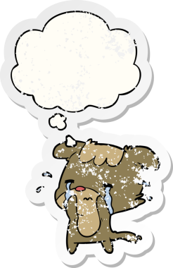 Düşünce baloncuğu olan üzgün bir çizgi film karakteri insan tarafından çizilmiş yıpranmış bir çıkartma gibi.