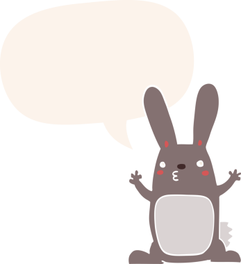 Konuşma baloncuklu çizgi film tavşanı insan tarafından çizilmiş.