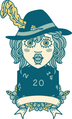 Retro Dövme Tarzı İnsan Ozan Karakteri Bir insan tarafından çizilmiş doğal 20 zar ile