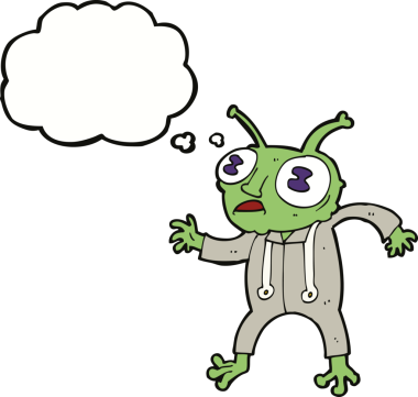 Bir insan tarafından çizilmiş düşünce baloncuğu olan uzaylı uzay adamı çizgi filmi.