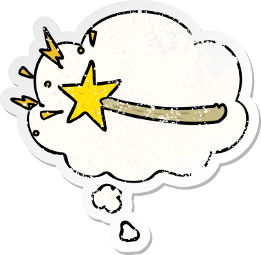 Düşünce baloncuklu çizgi film sihirli değneği bir insan tarafından çizilmiş yıpranmış bir çıkartma gibi.