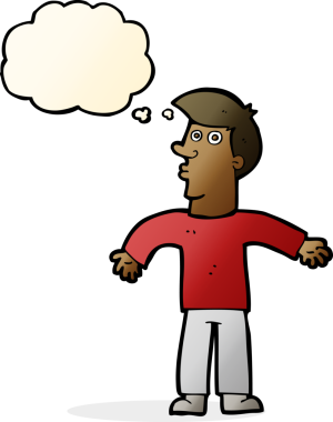 Bir insan tarafından çizilmiş düşünce baloncuğuyla omuzlarını silkeleyen çizgi film adamı.