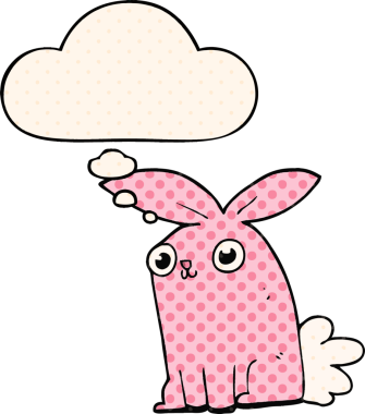 Çizgi roman tarzında bir insan tarafından çizilmiş düşünce kabarcığı olan çizgi film tavşanı.