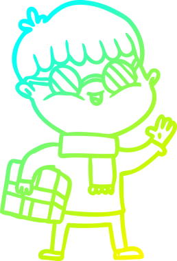 Bir insanın çizdiği hediyeyi taşıyan gözlüklü bir çizgi film karakteri.