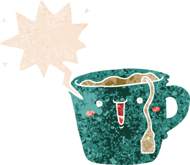 Tatlı çizgi film kahve fincanı, konuşma baloncuğu, grunge, sıkıntılı retro tarzı bir insan tarafından çizilmiş.