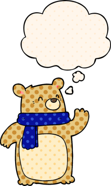 Bir insan tarafından çizilmiş, düşünce baloncuklu eşarp takan çizgi film ayısı.