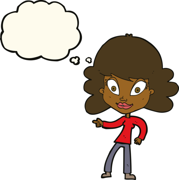 Bir insan tarafından çizilmiş düşünce balonuyla işaret eden çizgi film kadını.