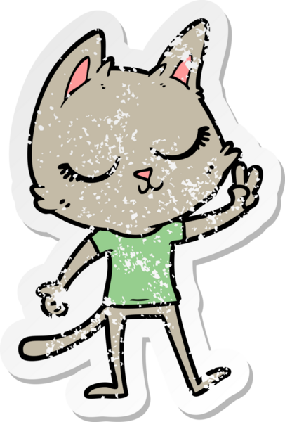 Sakin bir çizgi film kedisinin sıkıntılı çıkartması Bir insan tarafından çizilmiş barış işareti