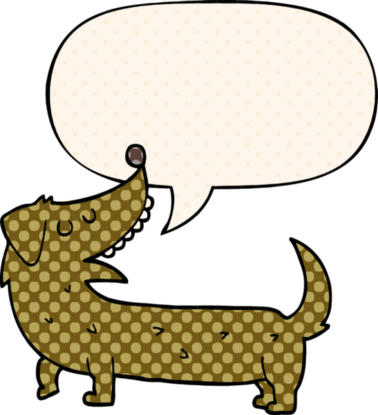 Bir insan tarafından çizilmiş çizgi roman tarzında konuşma balonu olan çizgi film köpeği.