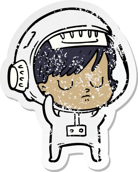 Bir insan tarafından çizilmiş karikatür astronot kadının sıkıntılı çıkartması.