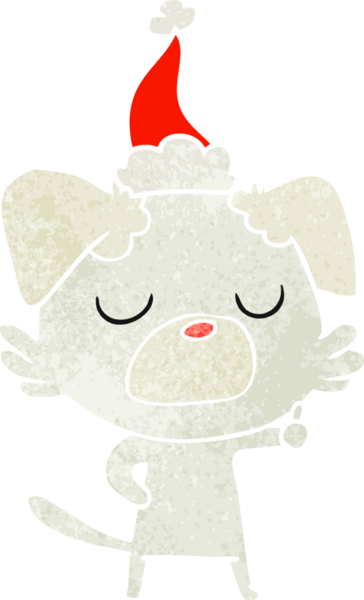 Bir insan tarafından çizilmiş Noel Baba şapkası takan bir köpeğin retro karikatürü.