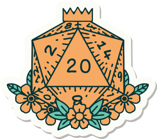 Bir insan tarafından çizilmiş 20 D20 zarının etiketi.