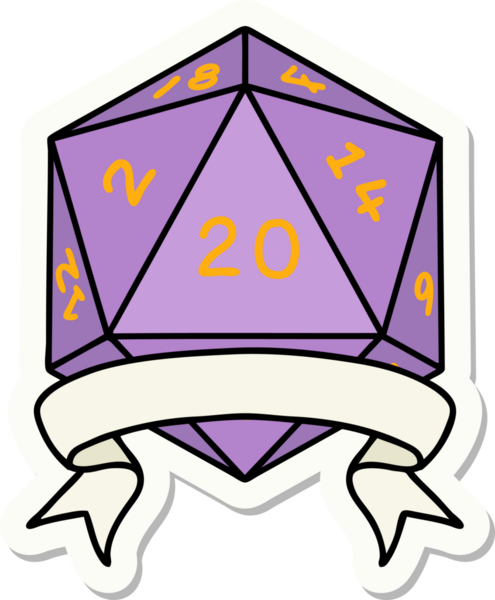 Bir insan tarafından çizilmiş 20 kritik vuruşluk D20 zar etiketi.