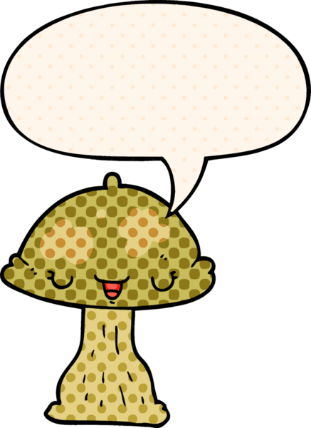 Bir insan tarafından çizilmiş çizgi roman tarzında konuşma balonlu mantar taburesi.