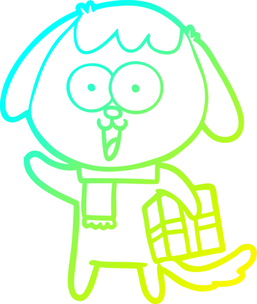 Bir insan tarafından çizilmiş noel hediyeli şirin bir köpeğin soğuk gradyan çizimi.