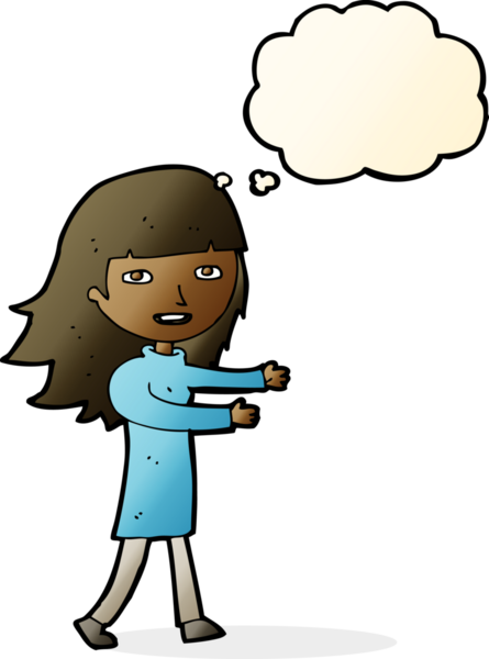 Bir insan tarafından çizilmiş düşünce balonlu mutlu kız çizgi filmi.