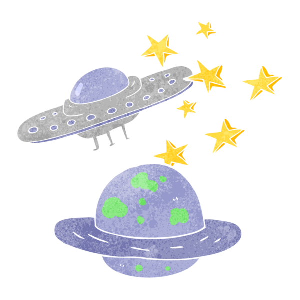 Freehand retro çizgi film uçan daire ve bir insan tarafından çizilmiş gezegen.