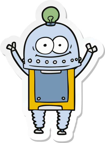 Bir insan tarafından çizilmiş mutlu bir karton robotun çıkartması.