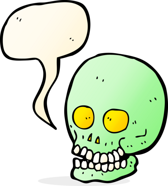 Bir insan tarafından çizilmiş, konuşma baloncuklu bir kafatası.