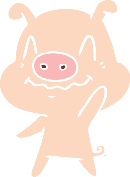 Bir insan tarafından çizilen düz renkli çizgi film domuzu.