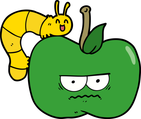 Bir insan tarafından çizilmiş huysuz elma ve tırtıl çizgi filmi.
