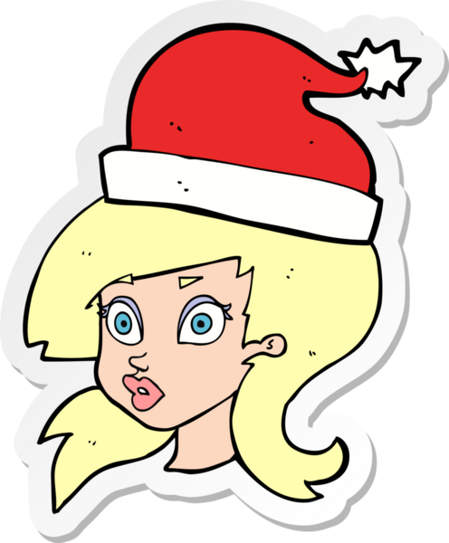 Bir insan tarafından çizilmiş Noel şapkası giyen bir karikatür kadının çıkartması.