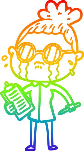 Gökkuşağı gradyan çizgi çizimi. Bir insan tarafından çizilmiş gözlük takan ağlayan bir kadın.