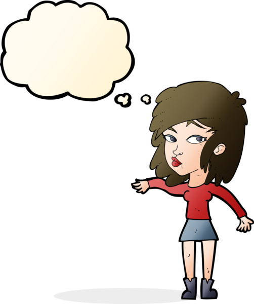 Bir insan tarafından çizilen düşünce baloncuğuyla serinkanlı davranan çizgi film kadını.