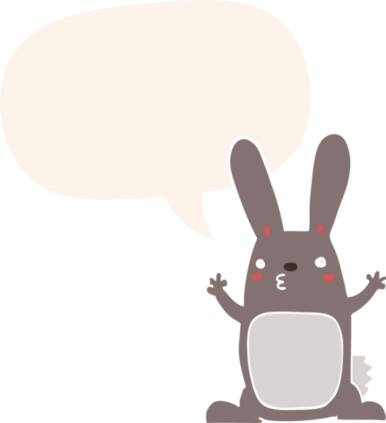 Konuşma baloncuklu çizgi film tavşanı insan tarafından çizilmiş.