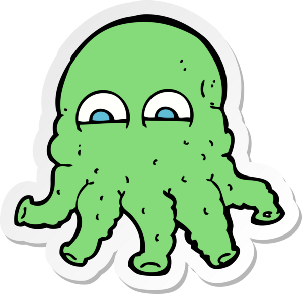 Bir insan tarafından çizilmiş uzaylı mürekkep balığı suratlı karikatür çıkartması.