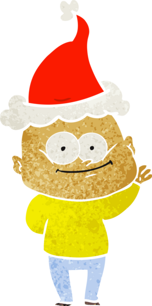 Bir insan tarafından çizilmiş Noel Baba şapkası giymiş kel bir adamın el çizimi karikatürü.