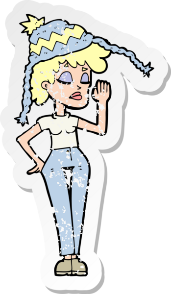 Bir insan tarafından çizilmiş kış şapkası giyen bir karikatür kadının gerilimli çıkartması.