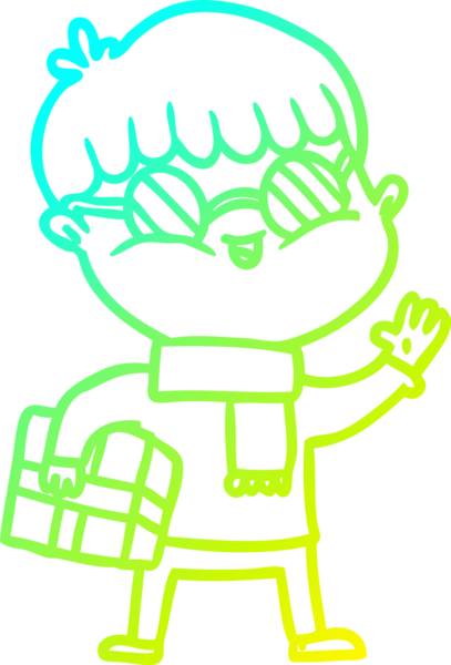 Bir insanın çizdiği hediyeyi taşıyan gözlüklü bir çizgi film karakteri.