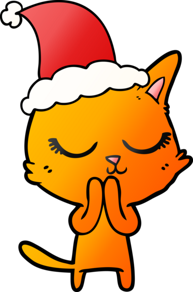 Sakin el çizimi. Bir insan tarafından çizilmiş Noel Baba şapkası takan bir kedi çizimi.