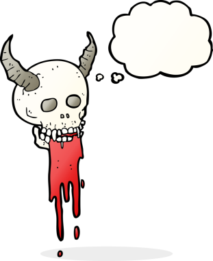 Bir insan tarafından çizilmiş bir düşünce baloncuğu olan ürkütücü cadılar bayramı kafatası çizgi filmi.