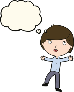 Bir insan tarafından çizilmiş düşünce balonu olan mutlu çocuk çizgi filmi.