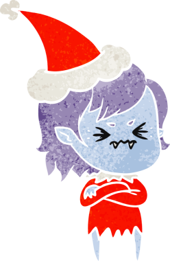 Bir insan tarafından çizilmiş Noel Baba şapkası takan vampir bir kızın eski bir çizgi filmi.