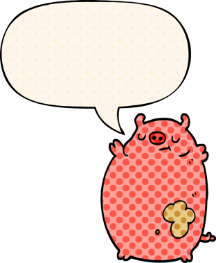 Çizgi roman tarzında konuşan şişko domuz bir insan tarafından çizilmiş.