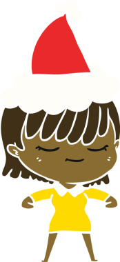 Bir insan tarafından çizilmiş Noel Baba şapkası takan bir kadının düz renkli çizimi.