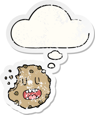 Düşünce baloncuklu çizgi film kurabiyesi insan tarafından çizilmiş yıpranmış bir çıkartma.