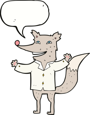 Bir insan tarafından çizilmiş konuşma balonlu tişört giyen mutlu kurt çizgi filmi.