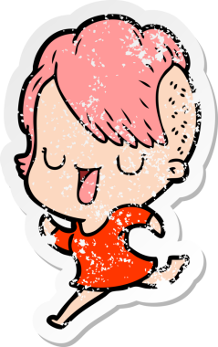 Hipster saç kesimi bir insan tarafından çizilmiş tatlı bir çizgi film kızına ait sıkıntılı bir etiket.