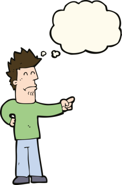 Bir insan tarafından çizilen düşünce baloncuğuyla işaret eden çizgi film adamı.