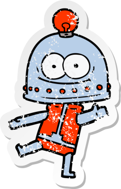 Bir insan tarafından çizilmiş ampullü mutlu bir robot çıkartması.