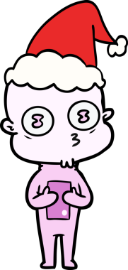 Bir insan tarafından çizilmiş Noel Baba şapkası giyen kel bir uzaylının el çizimi.