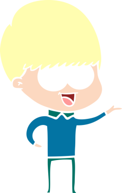 Bir insan tarafından çizilmiş mutlu düz renkli çizgi film çocuğu.