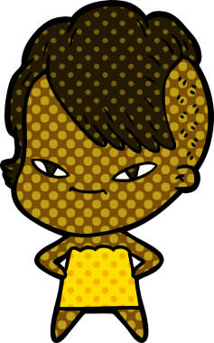 Bir insan tarafından çizilmiş hippi saç kesimli sevimli bir çizgi film kızı.