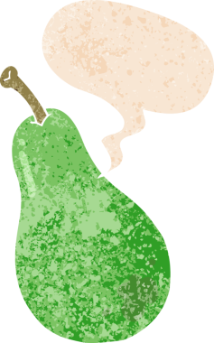 bir insan tarafından çizilmiş grunge sıkıntılı retro desenli armut konuşma balonu ile çizgi film armudu